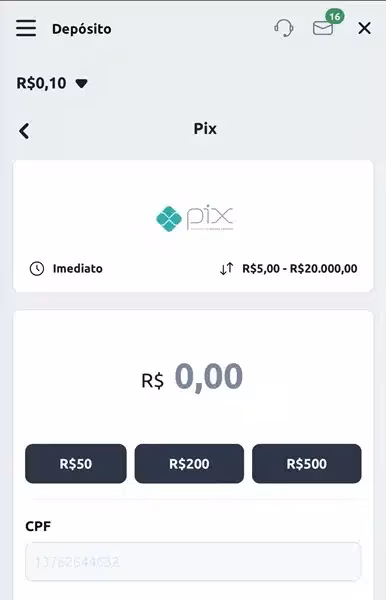 P&aacute;gina de dep&oacute;sitos via Pix disponibilizados pela Betano na vers&atilde;o mobile de navegador