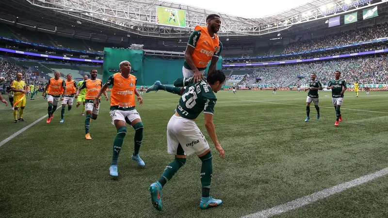 Jogadores do Palmeiras comemoram o terceiro gol do Palmeiras sobre o S&atilde;o Paulo na final do Paulista de 2022 (Foto: Cesar Greco/ Palmeiras) 