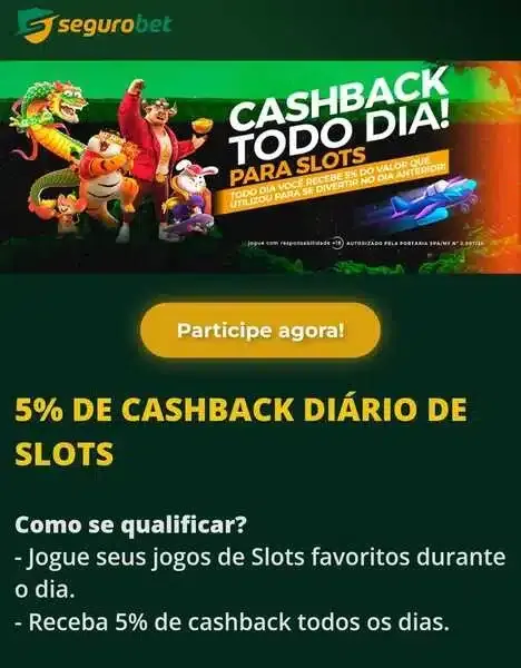 Captura de tela da Segurobet com a promo&ccedil;&atilde;o de cashback di&aacute;rio em slots