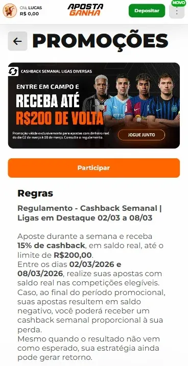 Cashback semanal da Aposta Ganha nas principais ligas de futebol