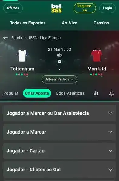 Captura de tela da p&aacute;gina de Criar Aposta na Bet365 com os mercados dispon&iacute;veis no jogo entre Tottenham x Manchester United