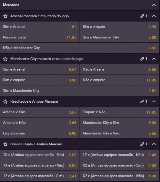Captura de tela das op&ccedil;&otilde;es de combos de apostas na Vbet na Premier League
