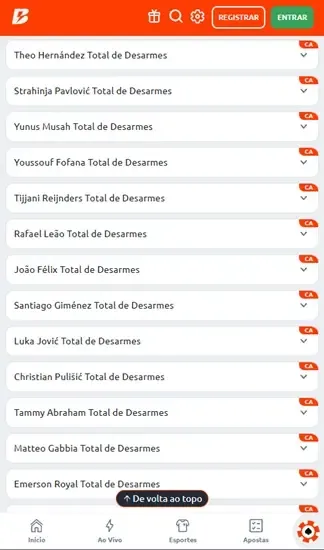  Captura de tela dos mercados de total de desarmes por jogador abertos em partida na Betano