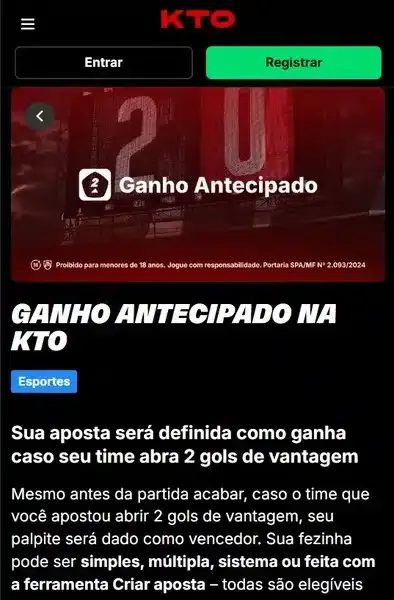Captura de tela com o b&ocirc;nus &ldquo;Ganho Antecipado&rdquo;, da KTO
