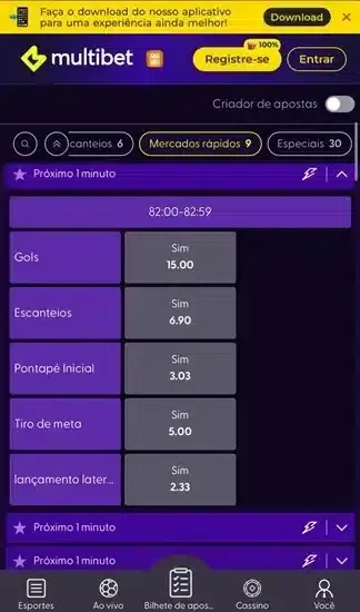 Captura de tela do mercado de apostas de 1 minuto no site da Multibet