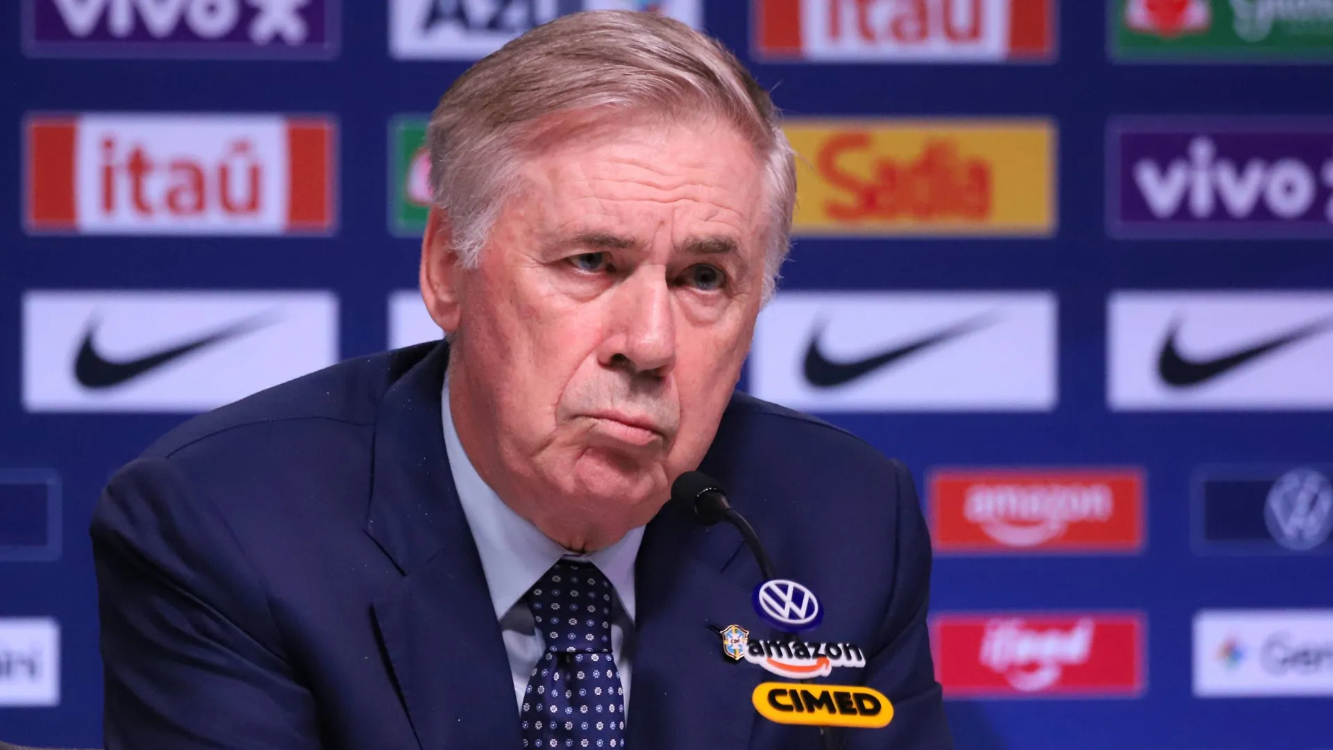Carlo Ancelotti, técnico da seleção brasileira masculina, durante o anúncio da convocação para os amistosos contra Austrália e Índia, na sede da CBF, no Rio de Janeiro, em 9 de setembro de 2026.