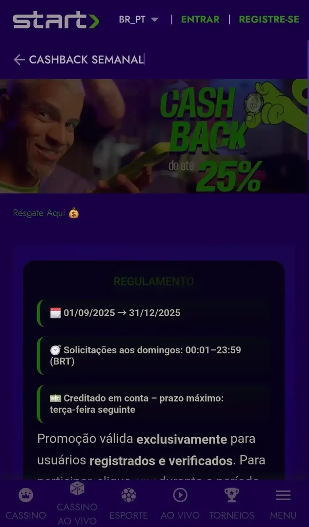 P&aacute;gina da promo&ccedil;&atilde;o de cashback semanal da nova casa de apostas Start Bet com regras da promo&ccedil;&atilde;o de reembolso