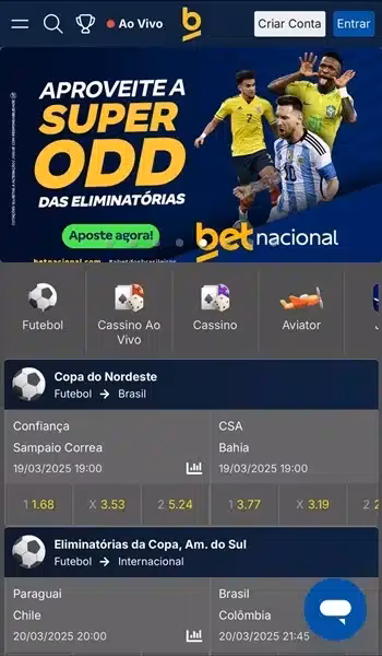 Captura de tela da p&aacute;gina inicial da Betnacional, com op&ccedil;&otilde;es de apostas em futebol
