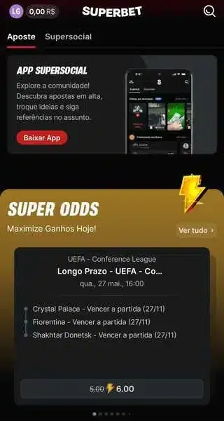 Captura de tela da p&aacute;gina inicial do aplicativo da Superbet Brasil