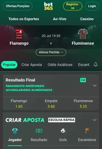 Captura de tela dos mercados populares para Flamengo x Fluminense na Bet365