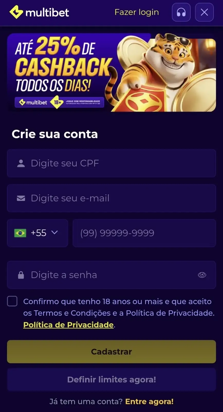 Captura de tela da p&aacute;gina de cadastro no site oficial da Multibet.
