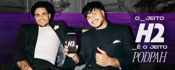 Banner oficial do patroc&iacute;nio da H2Bet ao Podpah com os influenciadores Ig&atilde;o e M&iacute;tico