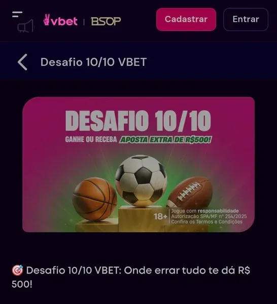Informa&ccedil;&otilde;es sobre o Desafio 10/10 da Vbet para jogadores brasileiros
