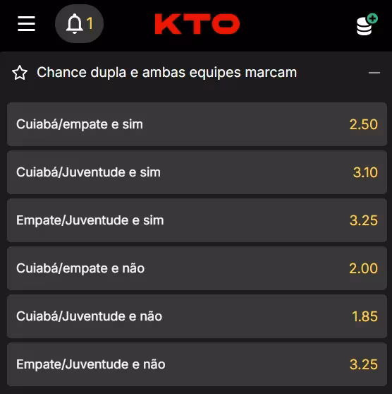 Captura de tela da op&ccedil;&atilde;o de Ambos Marcam + Dupla Chance na KTO.