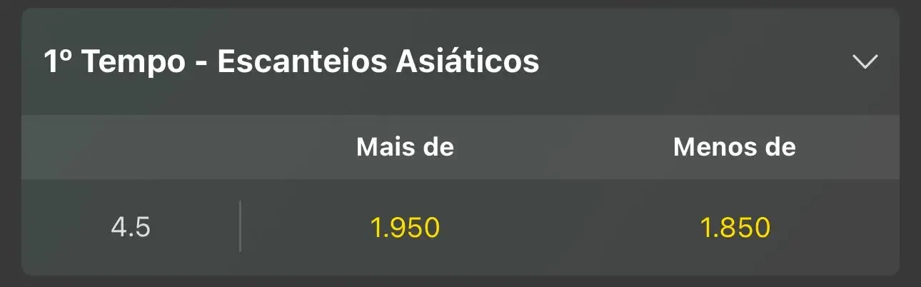 Captura de tela de escanteio asi&aacute;tico no 1&ordm; tempo na Bet365 no dia 10/09/2025
