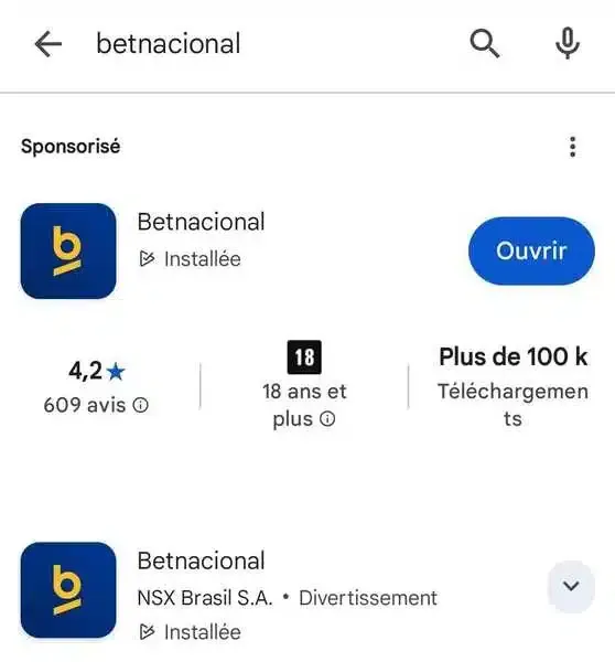 Captura de tela do aplicativo da Betnacional na Play Store