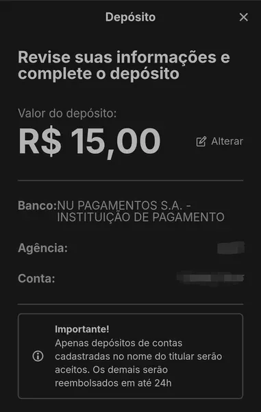 Simula&ccedil;&atilde;o de dep&oacute;sito com o Pix na KTO usando uma conta banc&aacute;ria Nubank
