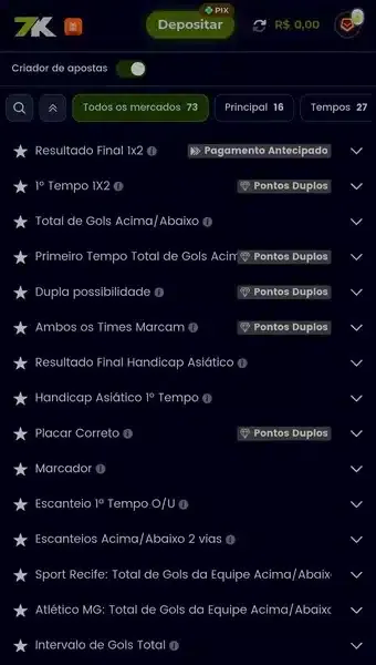 Captura de tela da p&aacute;gina com o recurso Criar Aposta da 7K Bet
