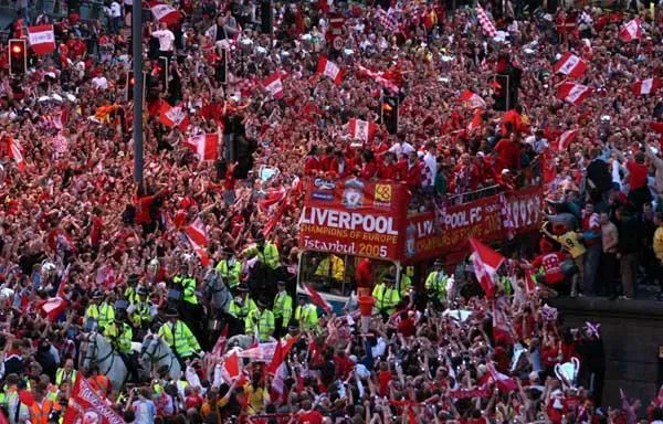 Liverpool supporters packed the streets to celebrate their team's victory parade after their thrilling comeback in the Champions League final win over AC Milan. Pic: Lawrence Looi / newsteam.co.uk 26/5/2005