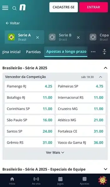 Captura de tela da p&aacute;gina de apostas de longo prazo no Brasileir&atilde;o pela Novibet