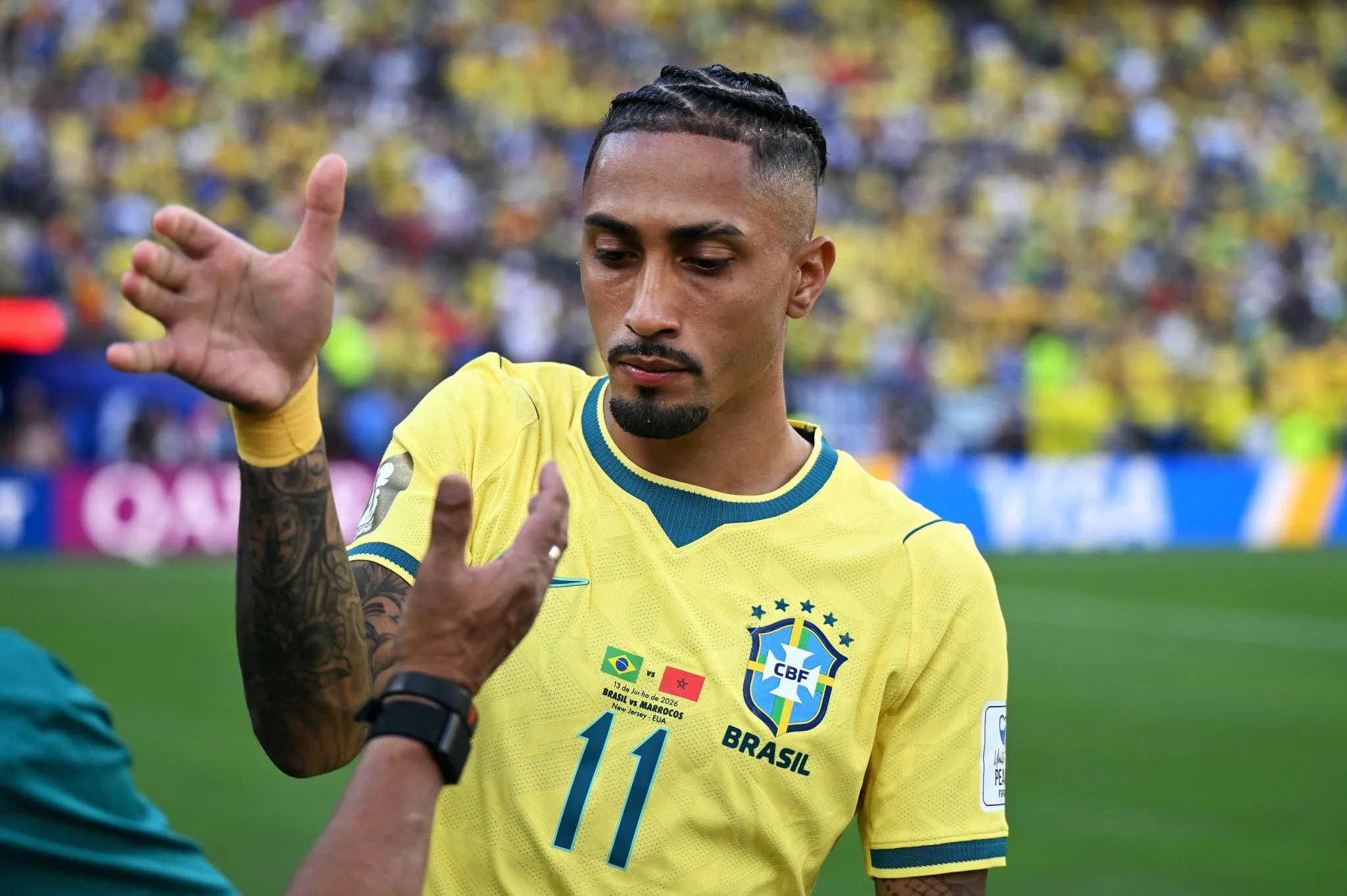 Raphinha n&atilde;o conseguiu se destacar no empate entre Brasil e Marrocos 