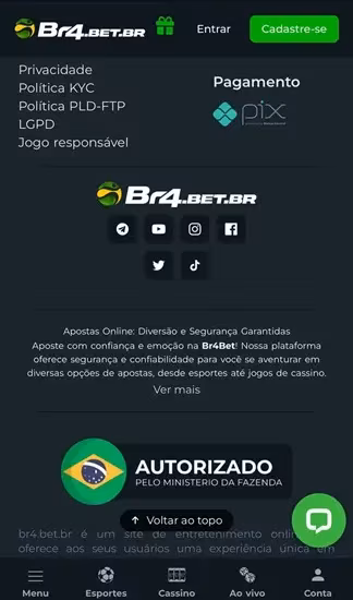 Rodap&eacute; da p&aacute;gina inicial da Br4bet com link direto a redes sociais e selo de bet legalizada pelo Minist&eacute;rio da Fazenda
