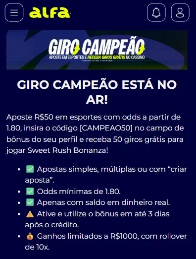 Captura de tela da promo&ccedil;&atilde;o "Giro Campe&atilde;o" da Alfabet