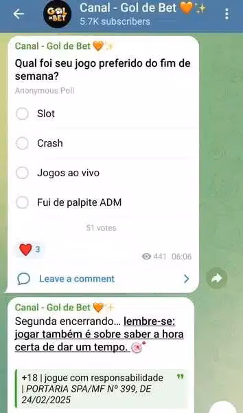 Captura de tela do grupo no Telegram da Goldebet
