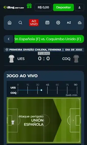 Captura de tela das ferramentas para acompanhar jogos e apostas ao vivo na Br4bet