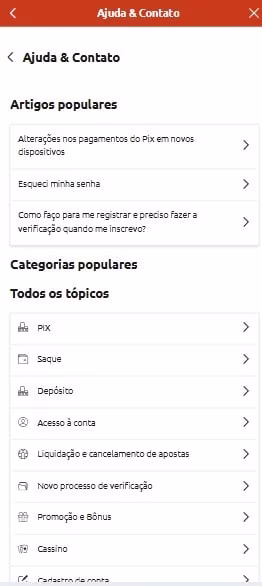 Captura de tela da se&ccedil;&atilde;o de Ajuda e Contato da Superbet, com artigos e chat