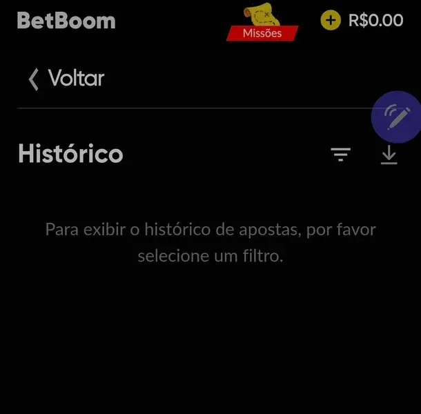 Captura de tela da p&aacute;gina com o hist&oacute;rico de apostas da Betboom