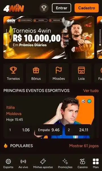 P&aacute;gina inicial da 4win com banner promocional de torneios di&aacute;rios e jogos do dia