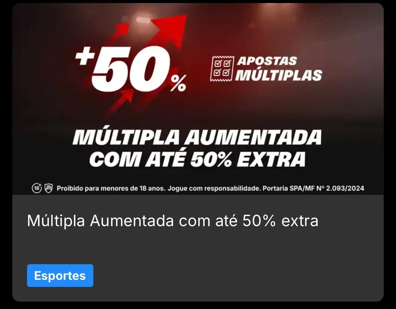 Promo&ccedil;&atilde;o de apostas esportivas da KTO com m&uacute;ltipla aumentada oferecendo at&eacute; 50% extra nas apostas m&uacute;ltiplas