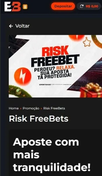 Captura de tela da promo&ccedil;&atilde;o Risk Free Bet, da Esportiva Bet