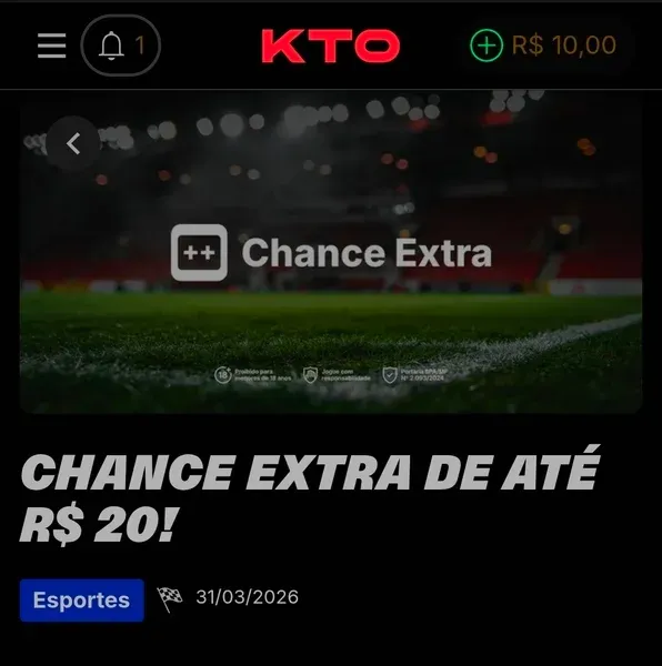 Banner da promo&ccedil;&atilde;o &ldquo;Chance Extra&rdquo; de R$20 da KTO
