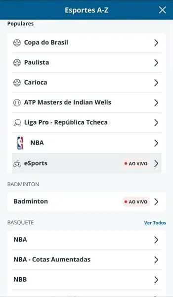 Captura de tela das op&ccedil;&otilde;es de esportes da Sportingbet