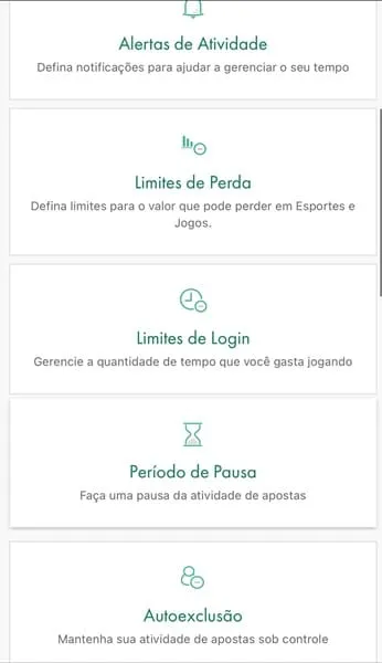 Captura de tela com alguns recursos de jogo respons&aacute;vel na Bet365, incluindo a autoexclus&atilde;o