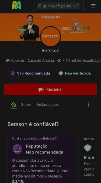 P&aacute;gina inicial da Betsson no Reclame Aqui, principal portal de avalia&ccedil;&atilde;o dos brasileiros