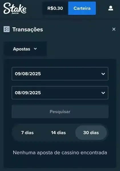 Captura de tela do hist&oacute;rico de apostas da Stake Brasil
