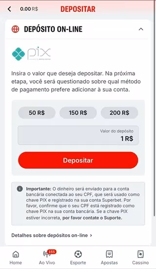 P&aacute;gina de dep&oacute;sito via Pix da Superbet, que aceita valores m&iacute;nimos a partir de R$1