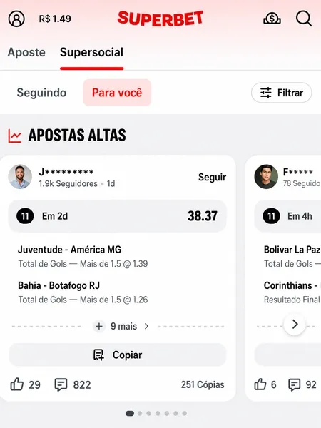 P&aacute;gina inicial do Supersocial com dicas de apostas e intera&ccedil;&otilde;es de jogadores
