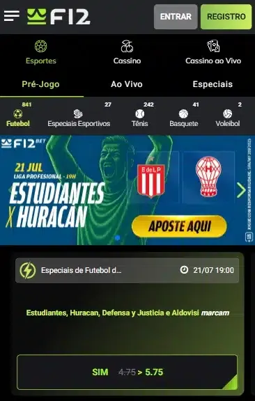 Captura de tela da p&aacute;gina de apostas da F12 Bet