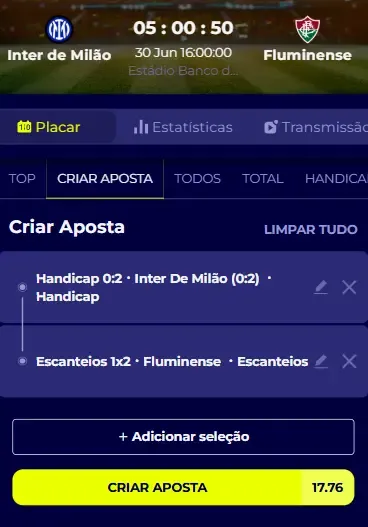 Captura de tela de uma partida de futebol na Alfabet na aba Criar Aposta
