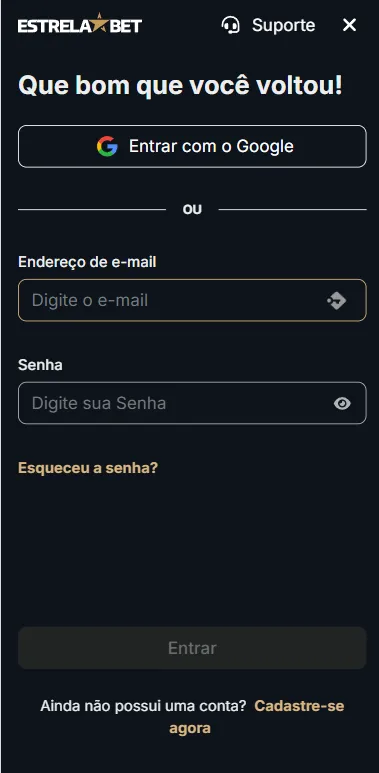 Formul&aacute;rio de login na Estrela Bet com e-mail e senha ou acesso pelo Google