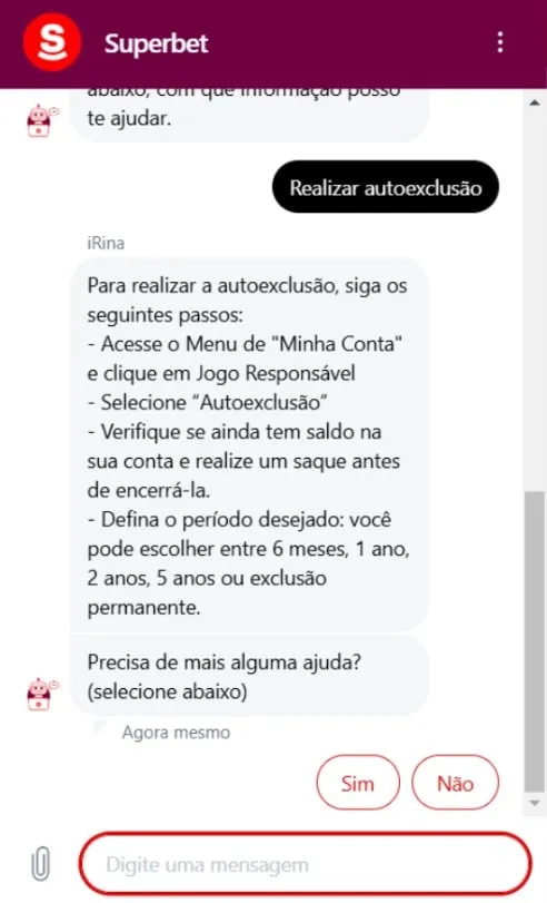 Captura de tela do chat da Superbet com orienta&ccedil;&otilde;es para a autoexclus&atilde;o
