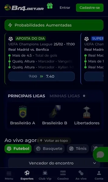 P&aacute;gina inicial das apostas esportivas da Br4bet com jogos em destaque
