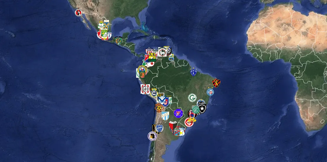 Um mapa com todos os clubes que disputaram os mata-matas da Libertadores nos &uacute;ltimos 30 anos