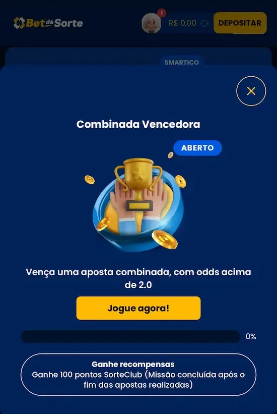 Se&ccedil;&atilde;o de miss&otilde;es da Bet d&aacute; Sorte