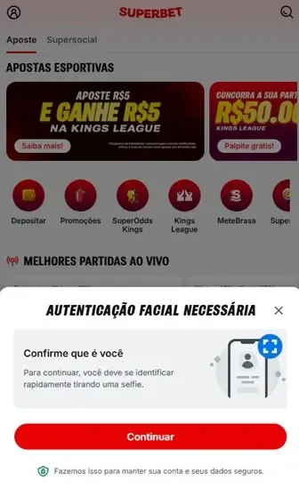 Captura de tela do processo de login na Superbet
