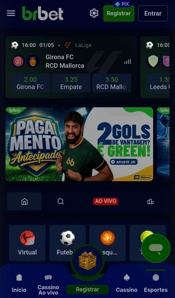 P&aacute;gina inicial da Brbet com banner promocional do pagamento antecipado de 2 gols